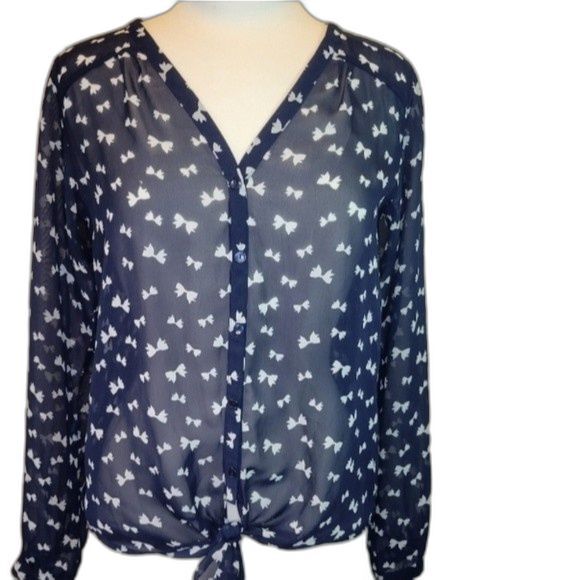 The Limited navy blue button down bow tie waist shirt top s y2k small blouse - Picture 1 of 8